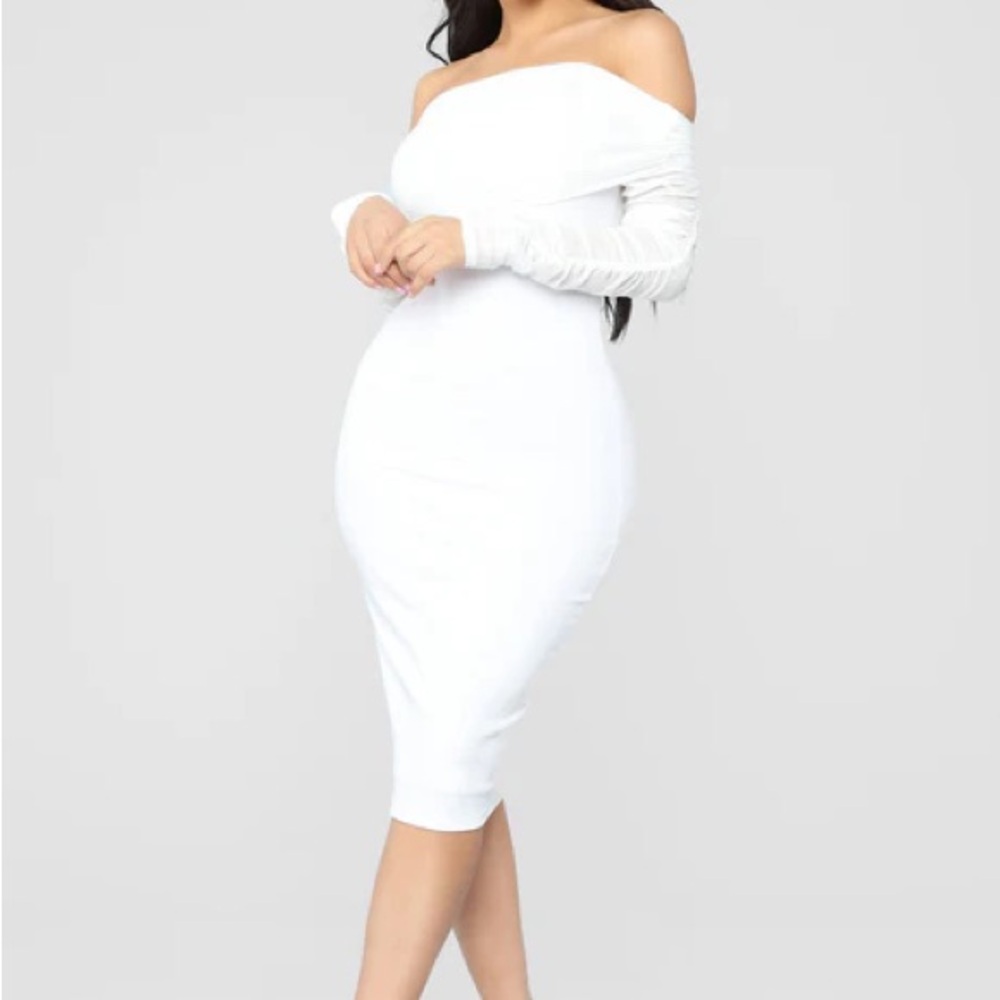 Off-Shoulder White Mesh Midi Dress - Picture 4 of 4